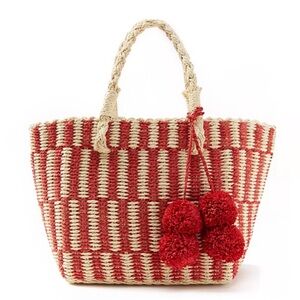 Wildflowers Red and Natural Woven Tote with Pom Poms